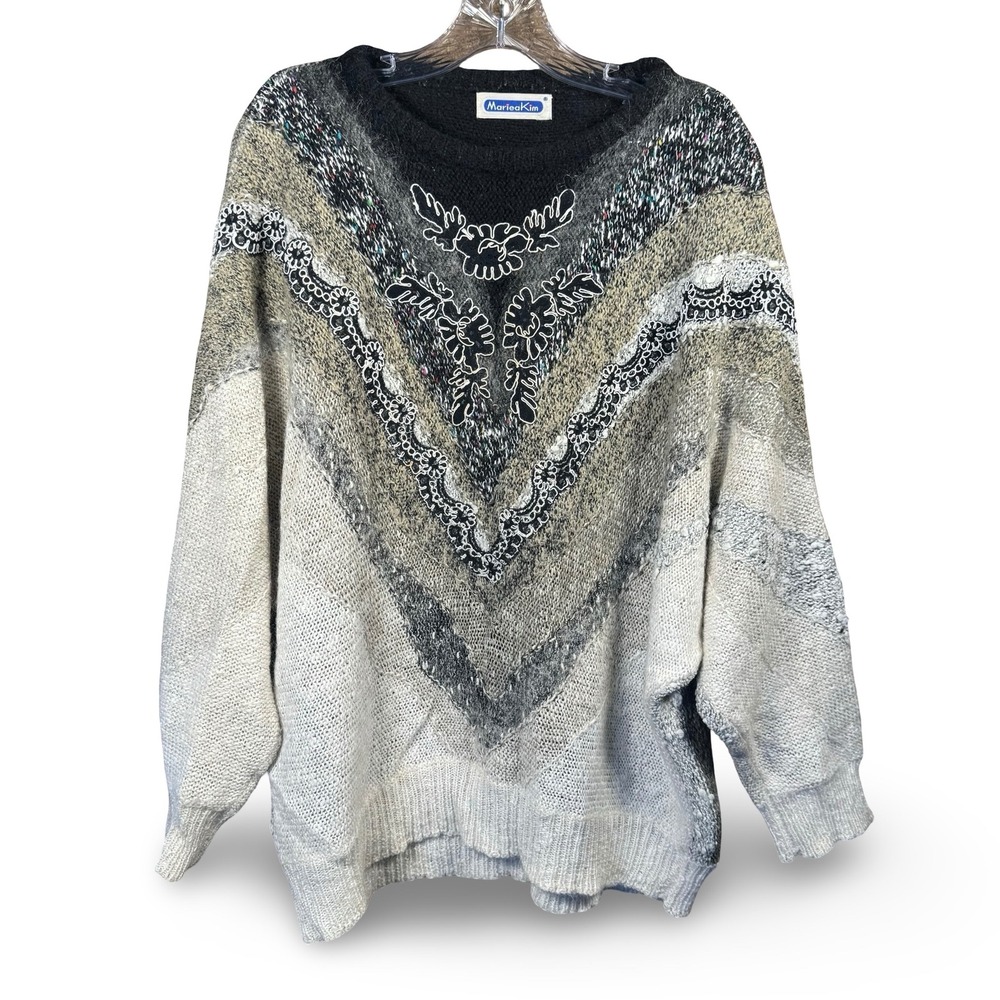 VTG Women's Oversized Knit Sweater 90s Pullover Size L Mariea Kim Embroidered